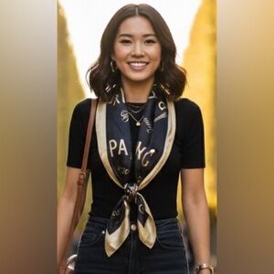 Scarf, black/gold stripes square polyester, 38 in